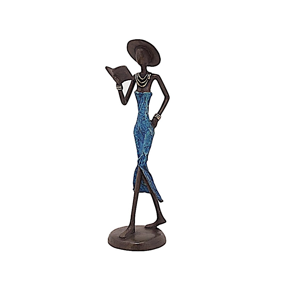 Statue bronze femme en bleu lisant
