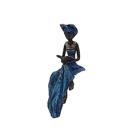 Statue bronze femme assise lisant en bleu