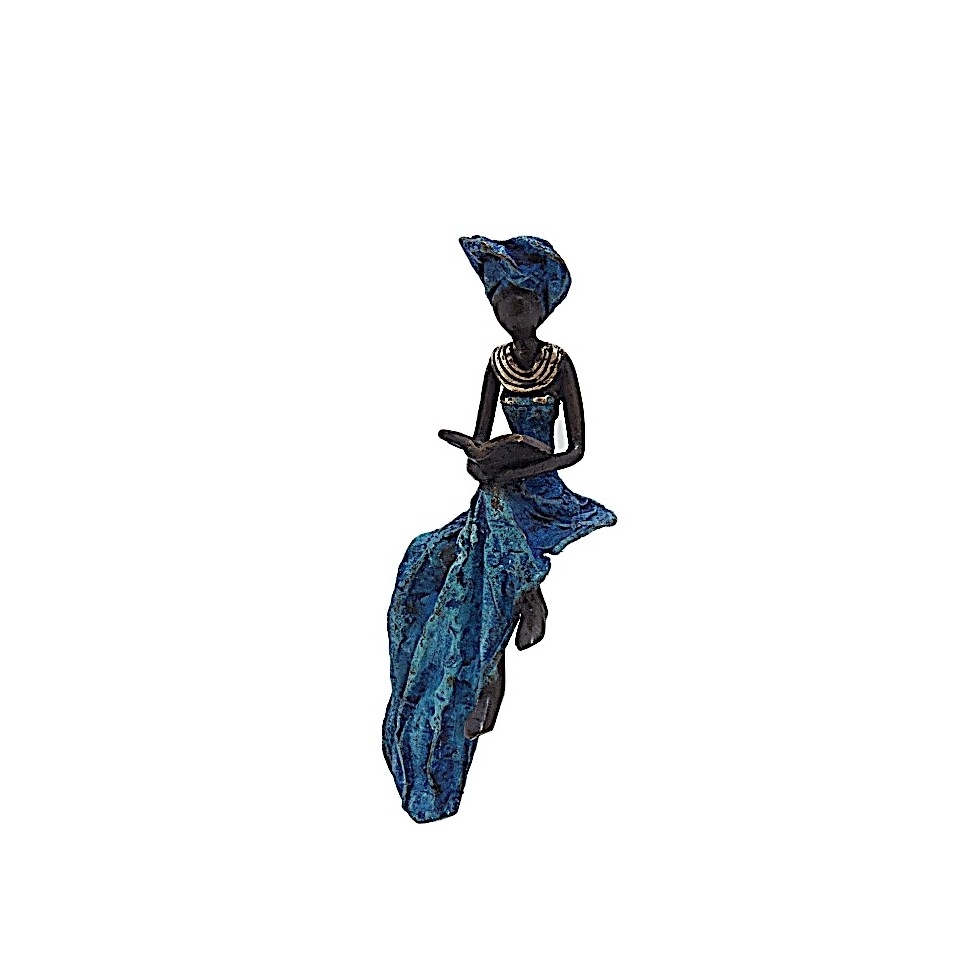 Statue bronze femme assise lisant en bleu