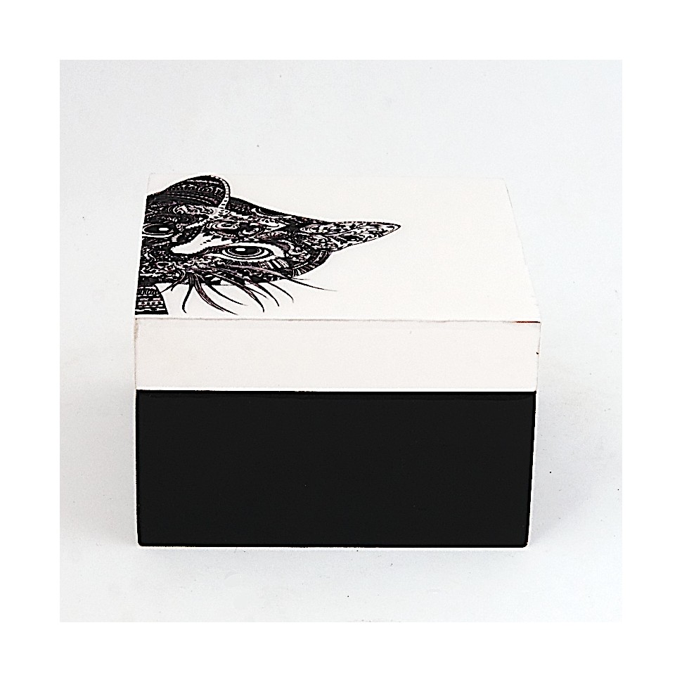 Boîte carrée MDF chat noir et blanc