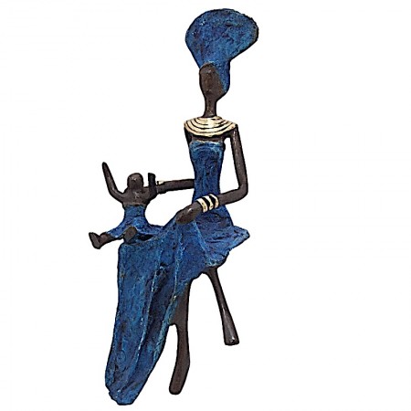 Statue bronze femme assise avec enfant en bleu