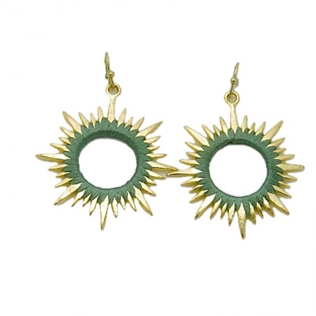 Boucles d'oreilles soleil laiton doré et fils verts
