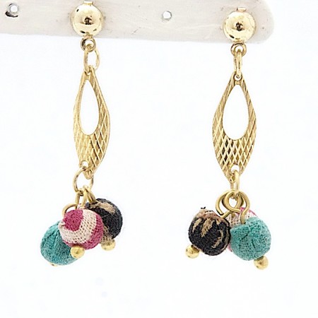 Boucles d'oreilles laiton 3 boules sari recyclé