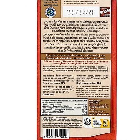 Chocolat noir piment El Inti bio verso