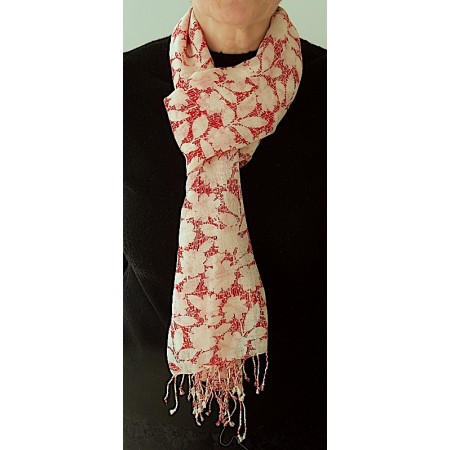 Echarpe laine tissée rouge et écrue