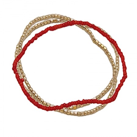 3 Bracelets élastiques perles de verre rouge et de laiton