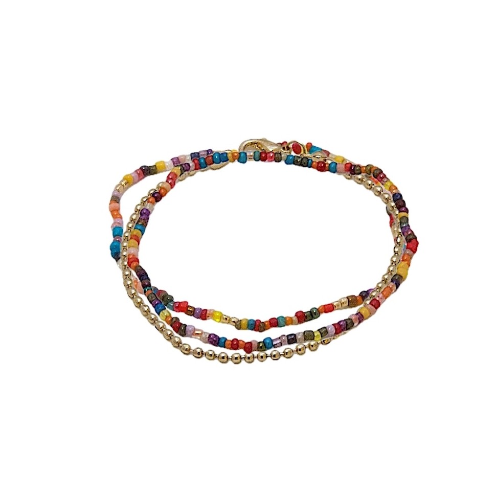 3 Bracelets élastiques perles de verre multicolore et de laiton