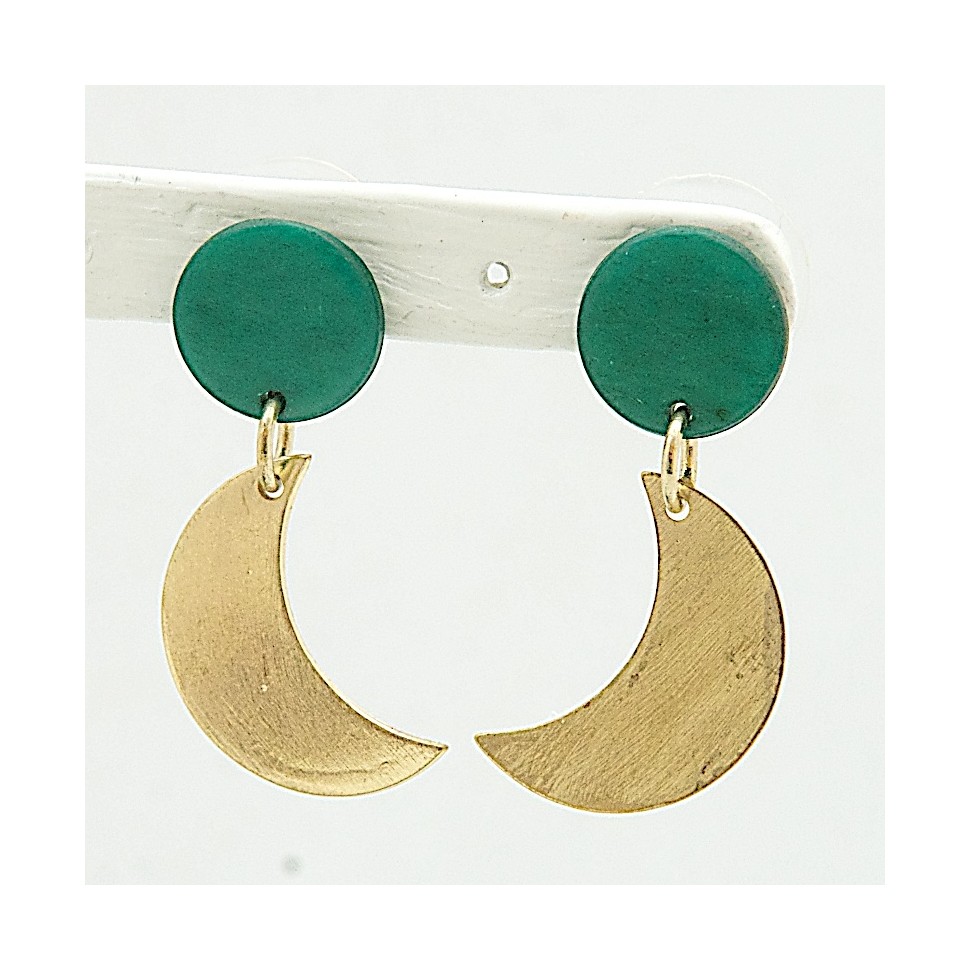 Boucles d'oreilles lune laiton doré et os
