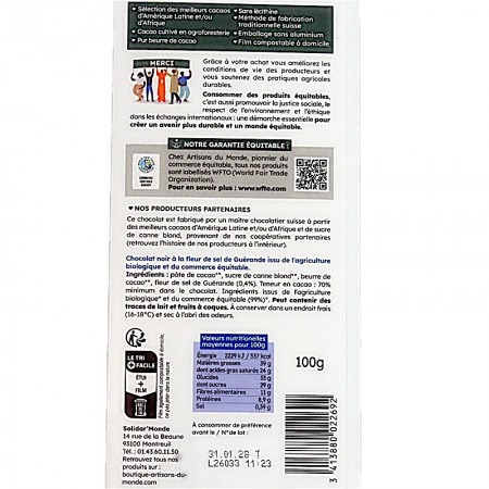 Chocolat bio noir fleur de sel de Guérande info