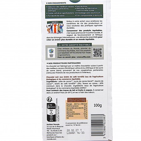 Chocolat bio noir 60% éclats café info