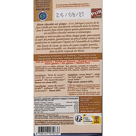 Chocolat bio noir 60% éclats café info