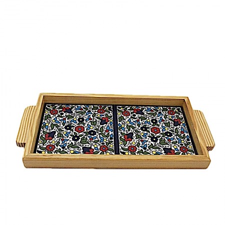 Plateau bois et céramique fleurs multicolores