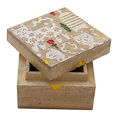 Boîte carrée chats bois manguier ouverte