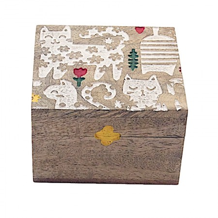 Boîte carrée chats bois manguier