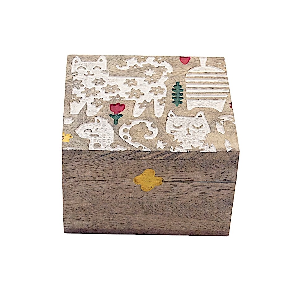 Boîte carrée chats bois manguier