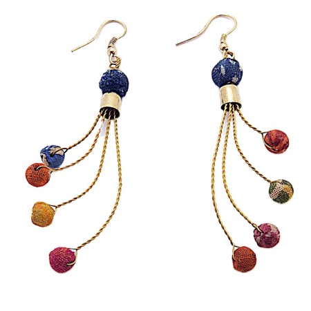 Boucles d'oreilles laiton et boules sari recyclé