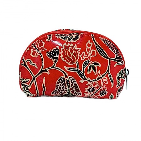 Porte monnaie demi lune cuir rouge fleurs