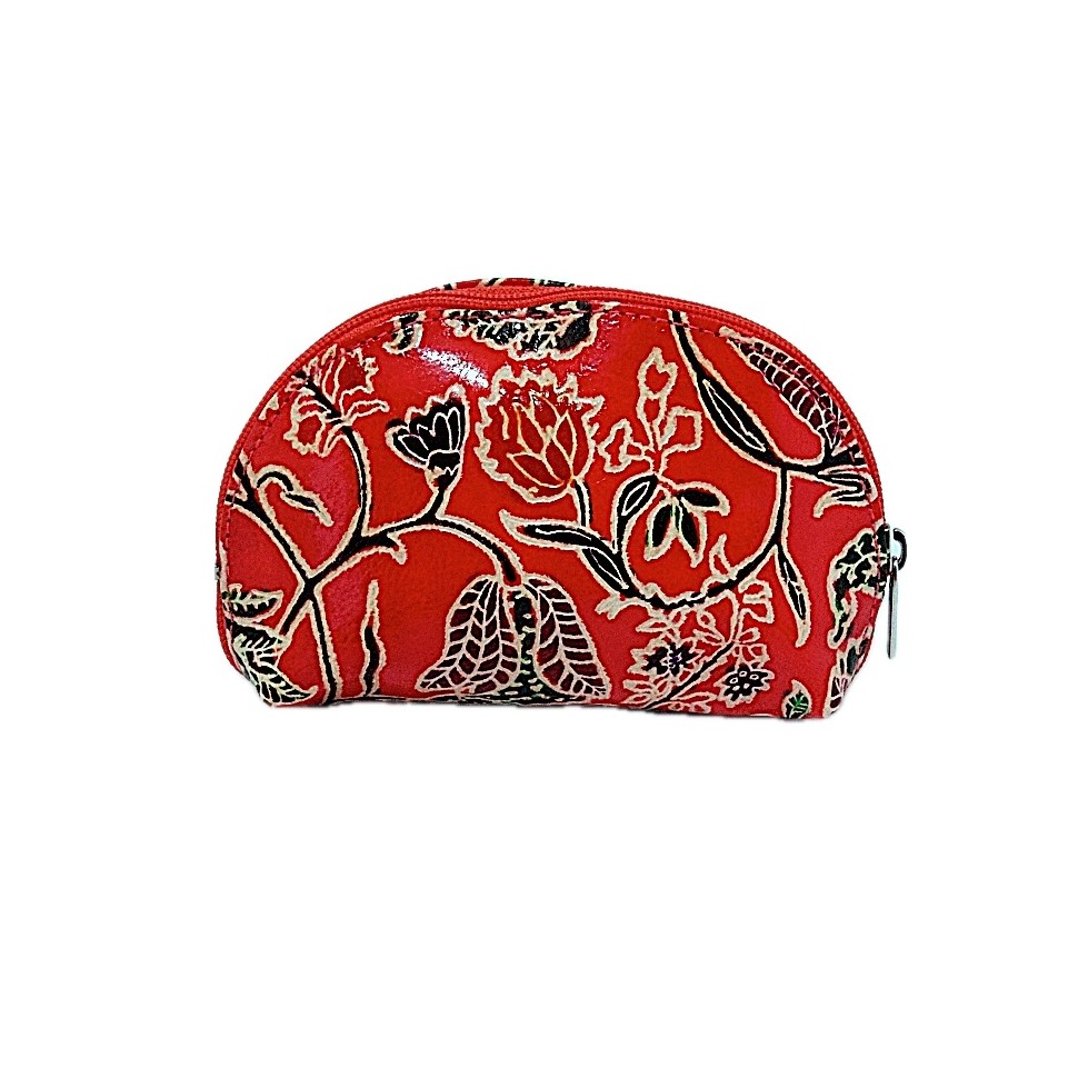Porte monnaie demi lune cuir rouge fleurs