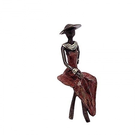 Statue bronze femme assise chapeau en rouge