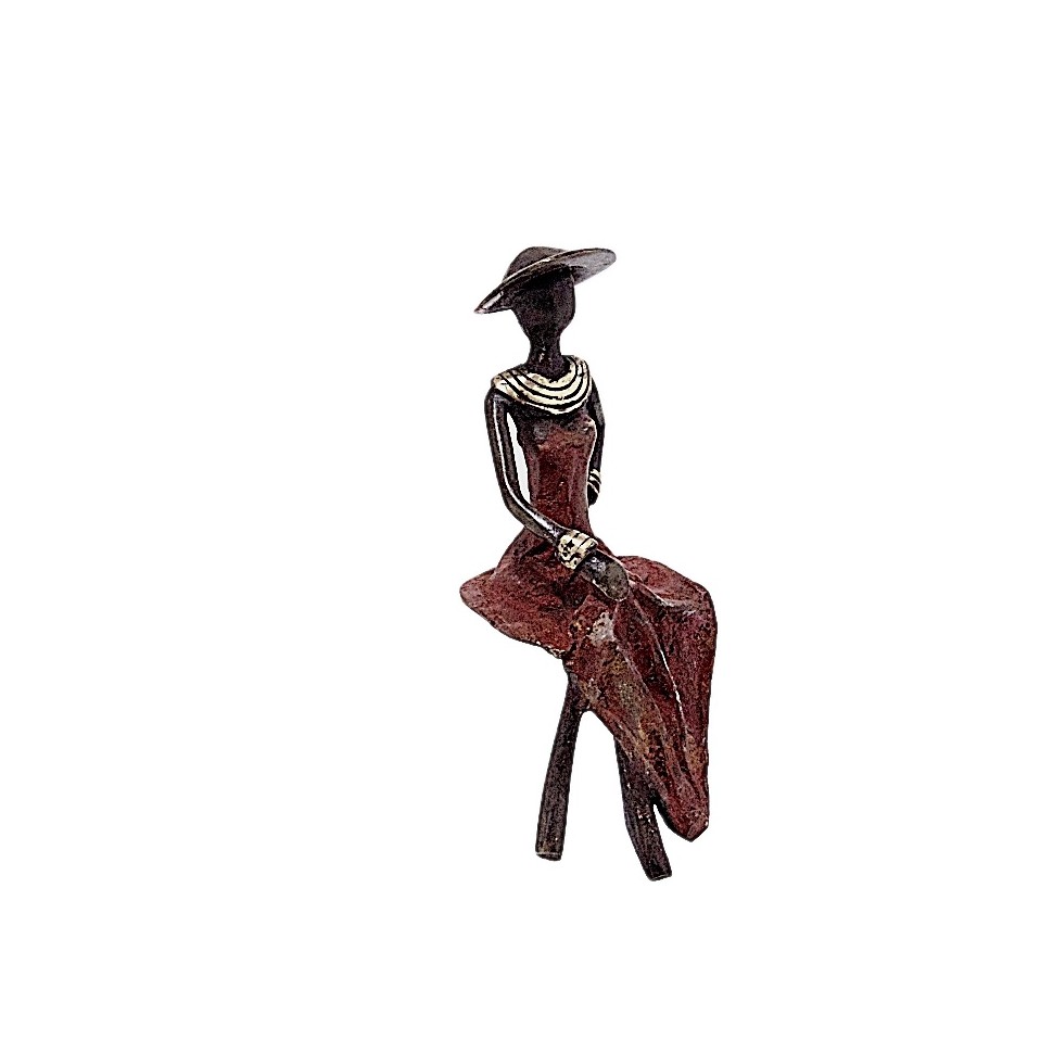 Statue bronze femme assise chapeau en rouge