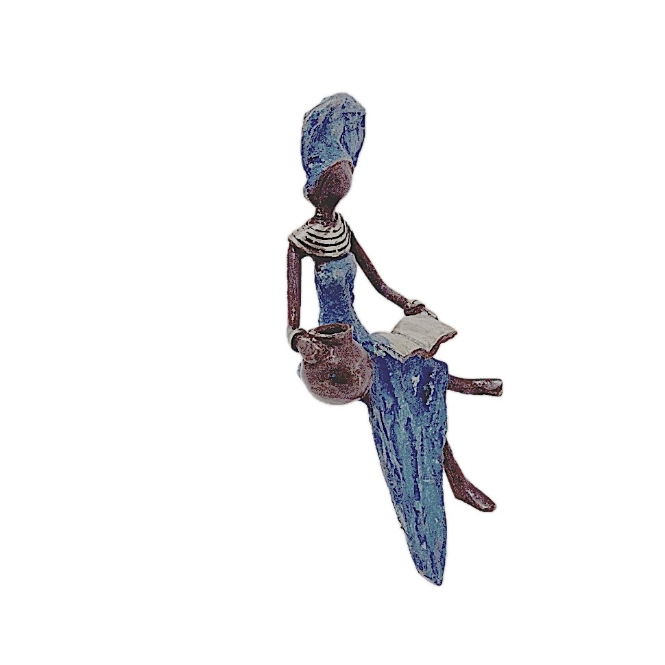 Statue bronze femme en bleu avec amphore lisant