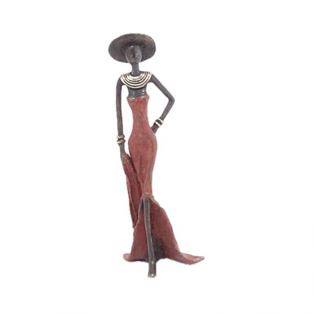 Statue bronze femme en rouge avec chapeau