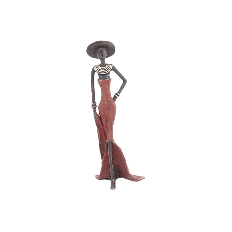 Statue bronze femme en rouge avec chapeau