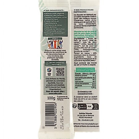 Chocolat bio lait de coco Vegan