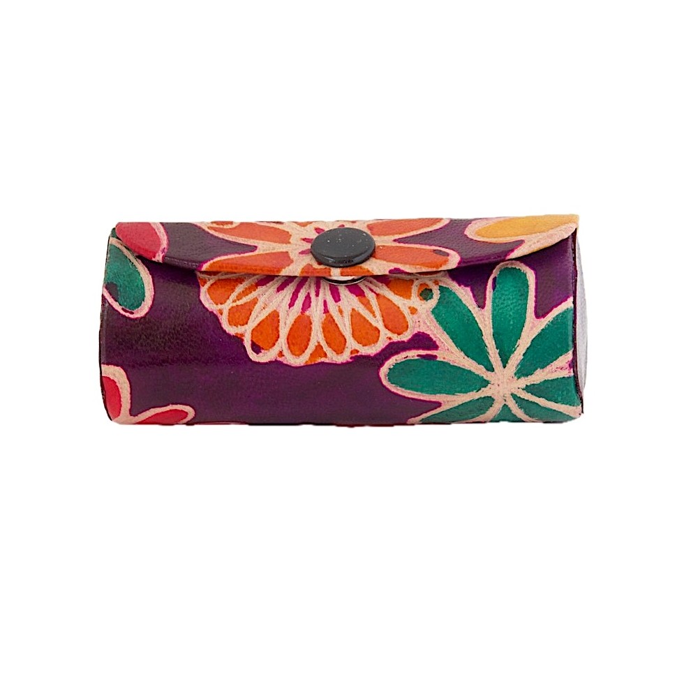 Etui rouge à lèvres cuir fleurs multicolores