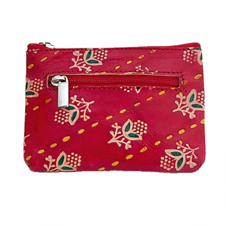 Porte monnaie rectangulaire cuir rouge fleurs