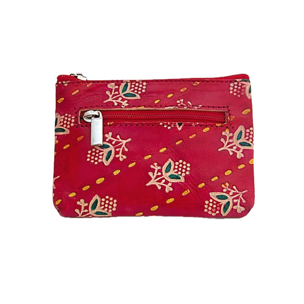 Porte monnaie rectangulaire cuir rouge fleurs