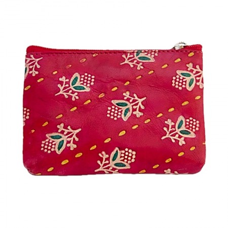 Porte monnaie rectangulaire cuir rouge fleurs
