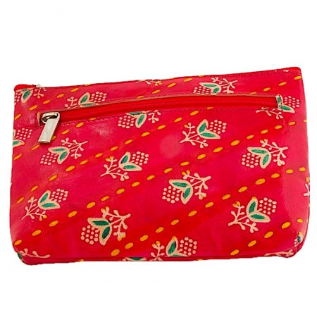 Porte monnaie rectangulaire cuir rouge fleurs