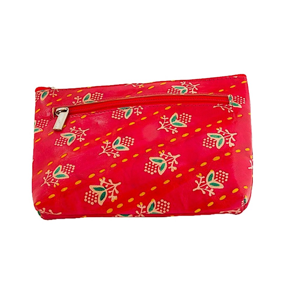 Porte monnaie rectangulaire cuir rouge fleurs