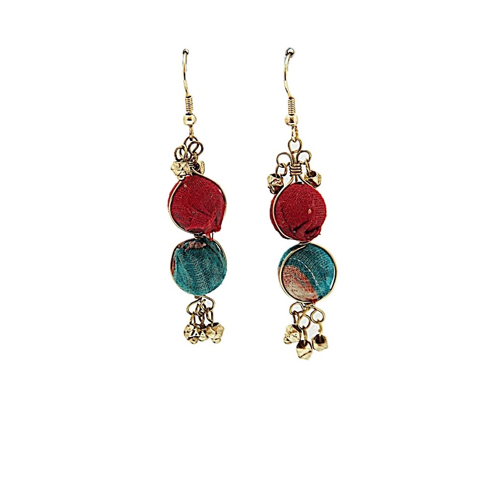 Boucles d'oreilles laiton 2 boules sari recyclé