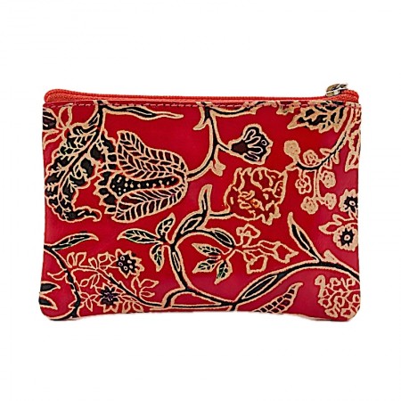 Porte monnaie rectangulaire cuir rouge fleurs