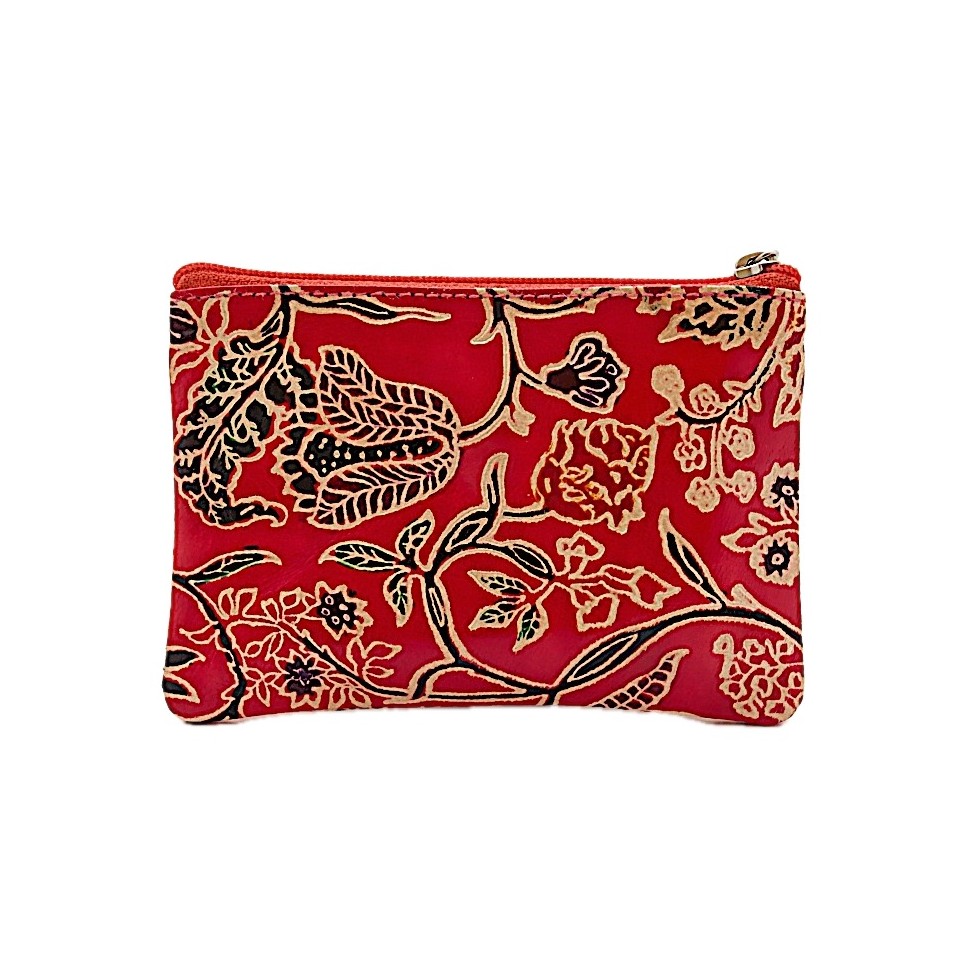 Porte monnaie rectangulaire cuir rouge fleurs