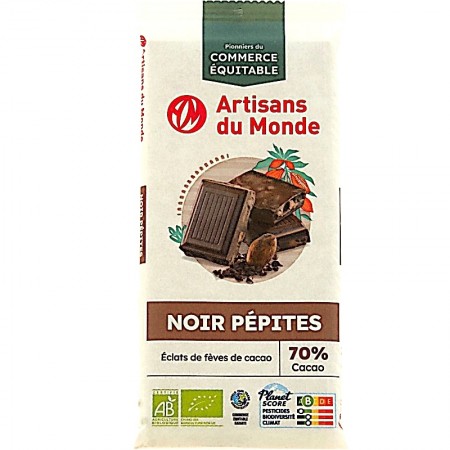 Chocolat bio noir 70 % cacao aux pépites