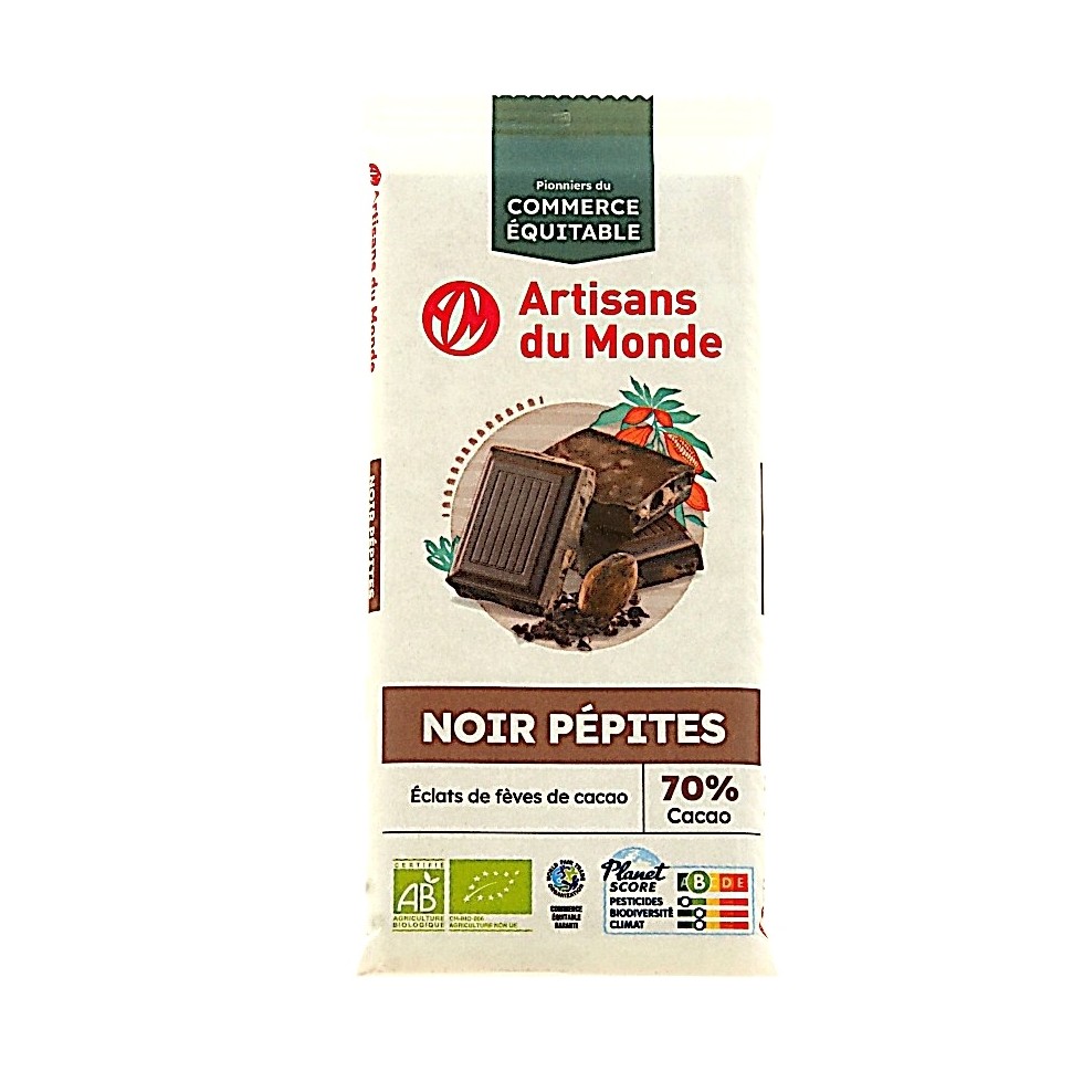 Chocolat bio noir 70 % cacao aux pépites