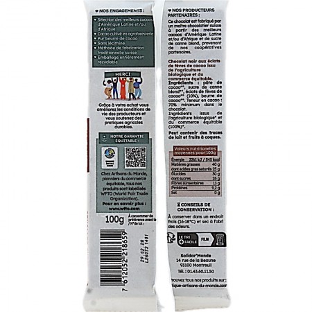 Chocolat bio noir 70 % cacao aux pépites info