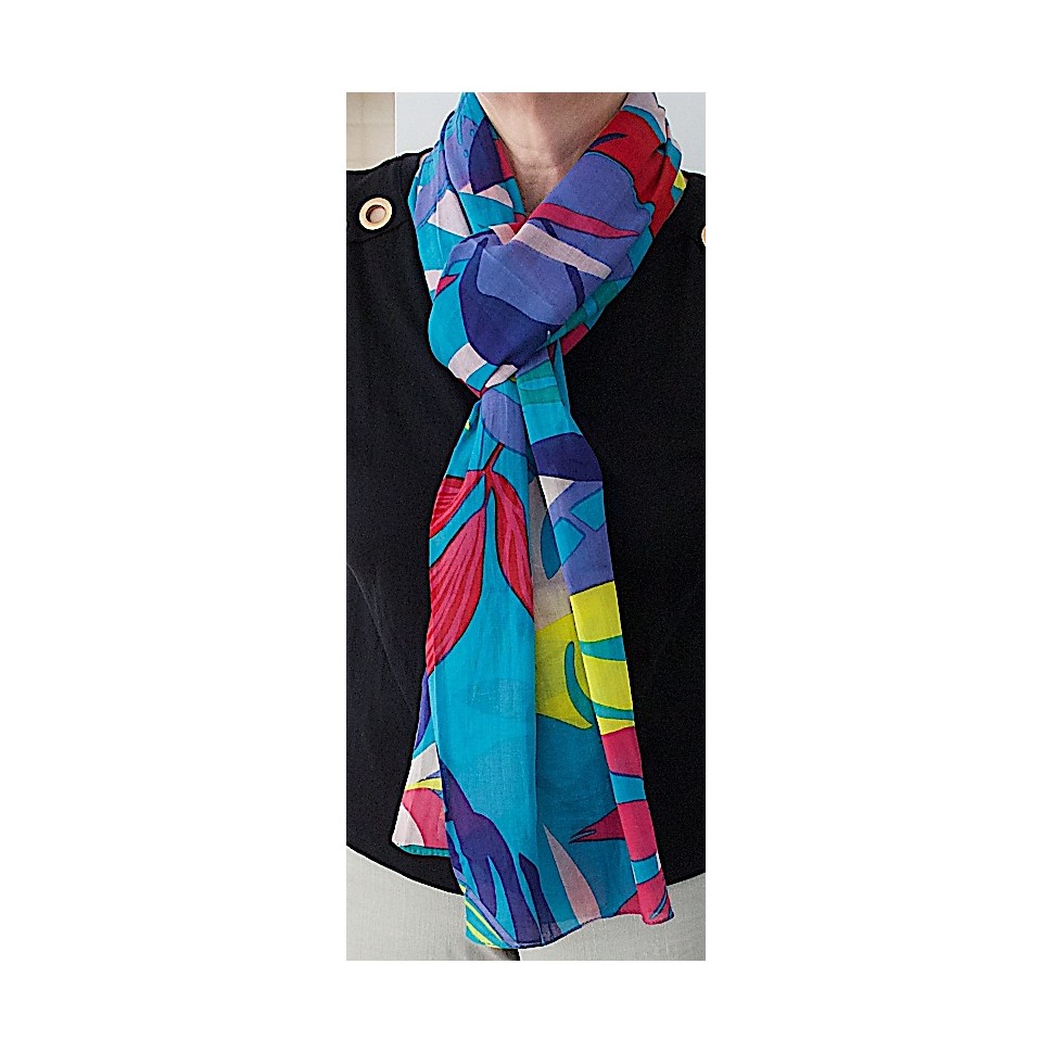 Echarpe coton bio turquoise et multicolore