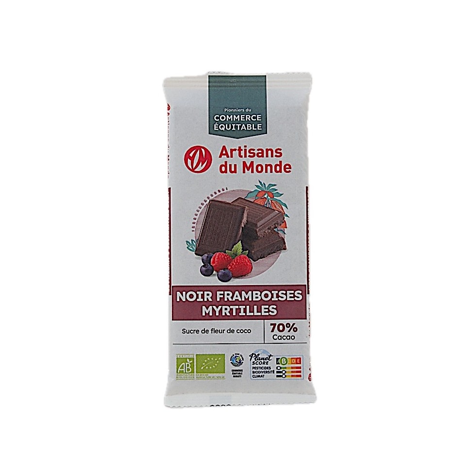 Chocolat noir 70% framboises & myrtilles bio