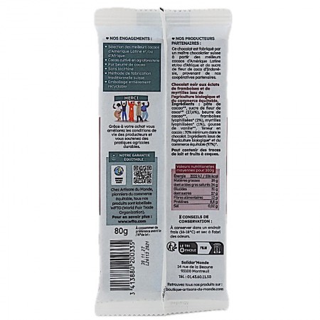 Chocolat noir 70% framboises & myrtilles bio info