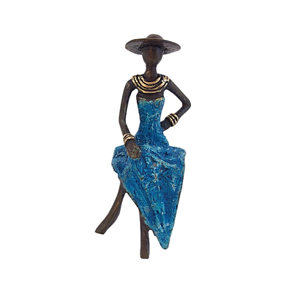 Statue bronze femme assise chapeau en bleu