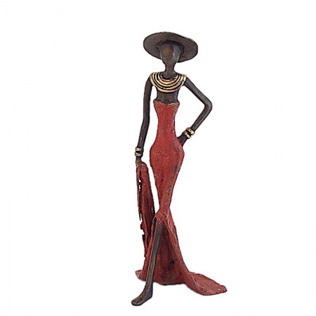 Statue bronze femme en rouge avec chapeau