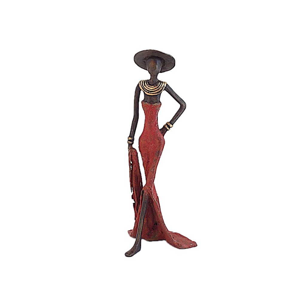 Statue bronze femme en rouge avec chapeau