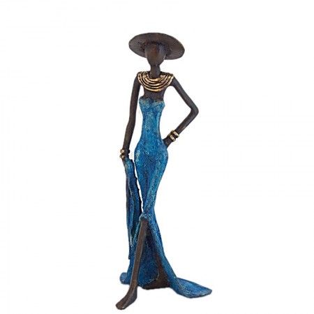 Statue bronze femme en bleu avec chapeau