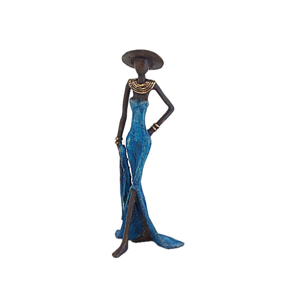 Statue bronze femme en bleu avec chapeau