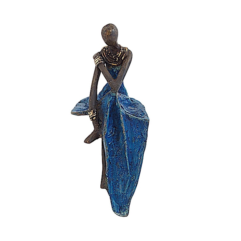 Statue bronze femme assise en bleu