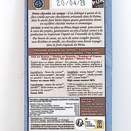 Chocolat lait 46% cacao El Inti bio info